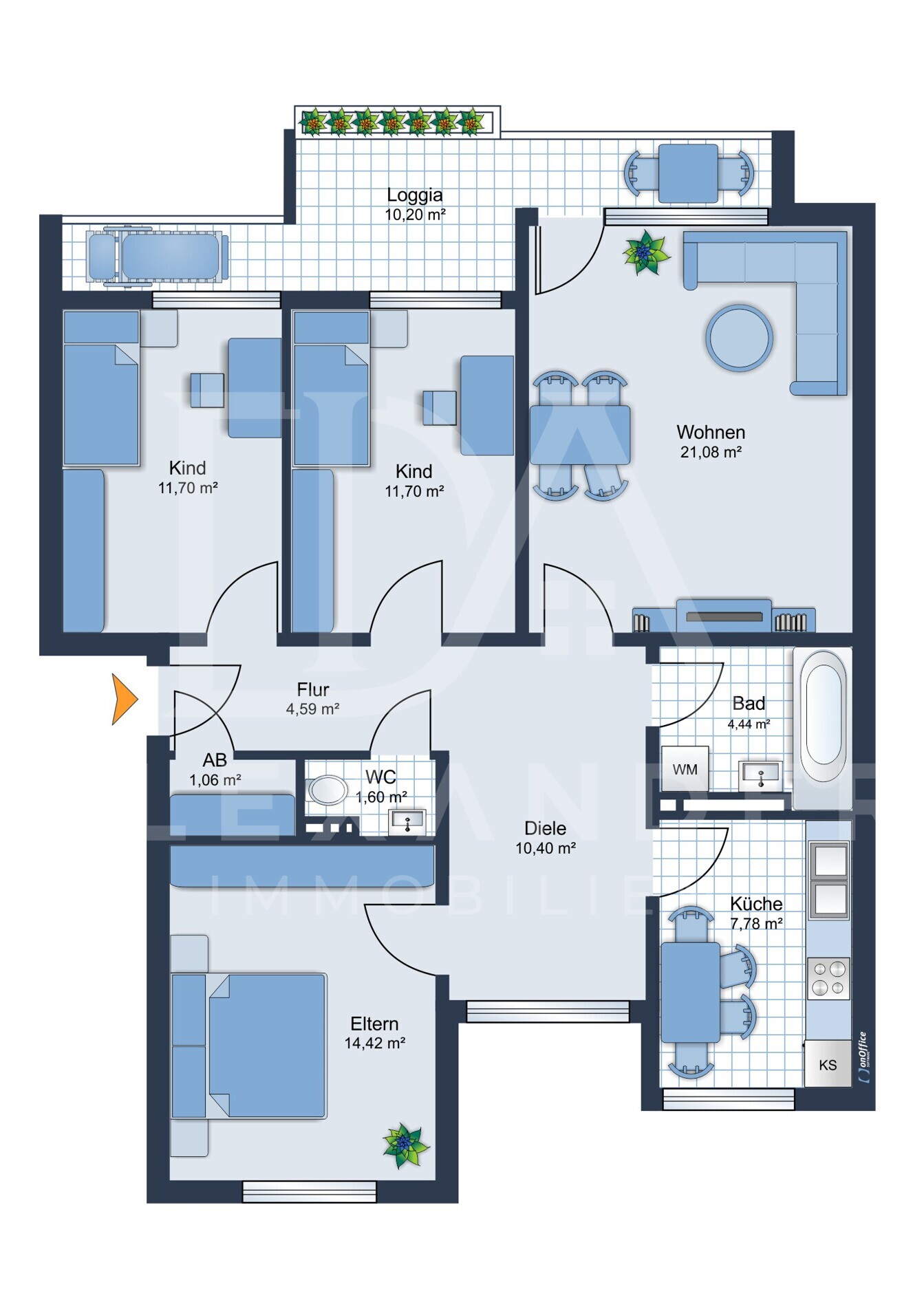 Grundriss 5. OG rechts: vier Zimmer, Küche, Bad, WC und Loggia