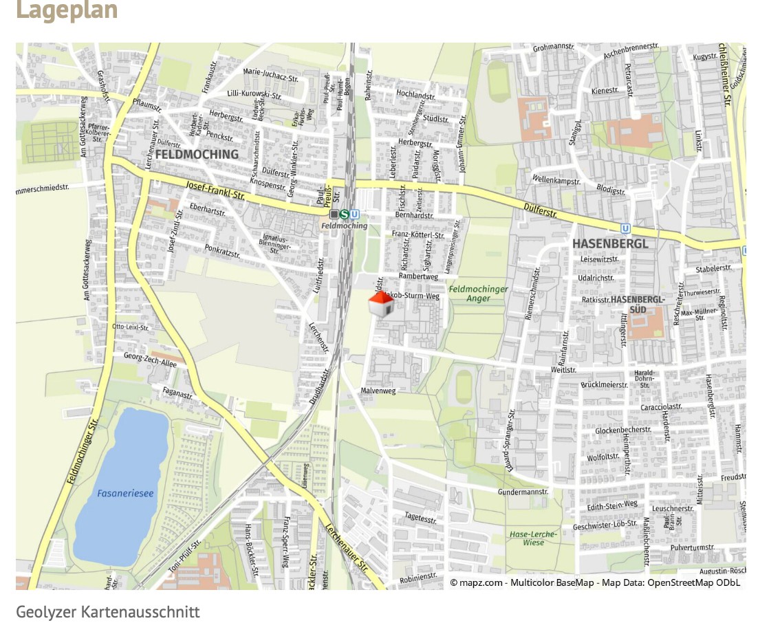 Lageplan Feldmoching mit Ratoldstraße, Bahnhof und Fasaneriesee